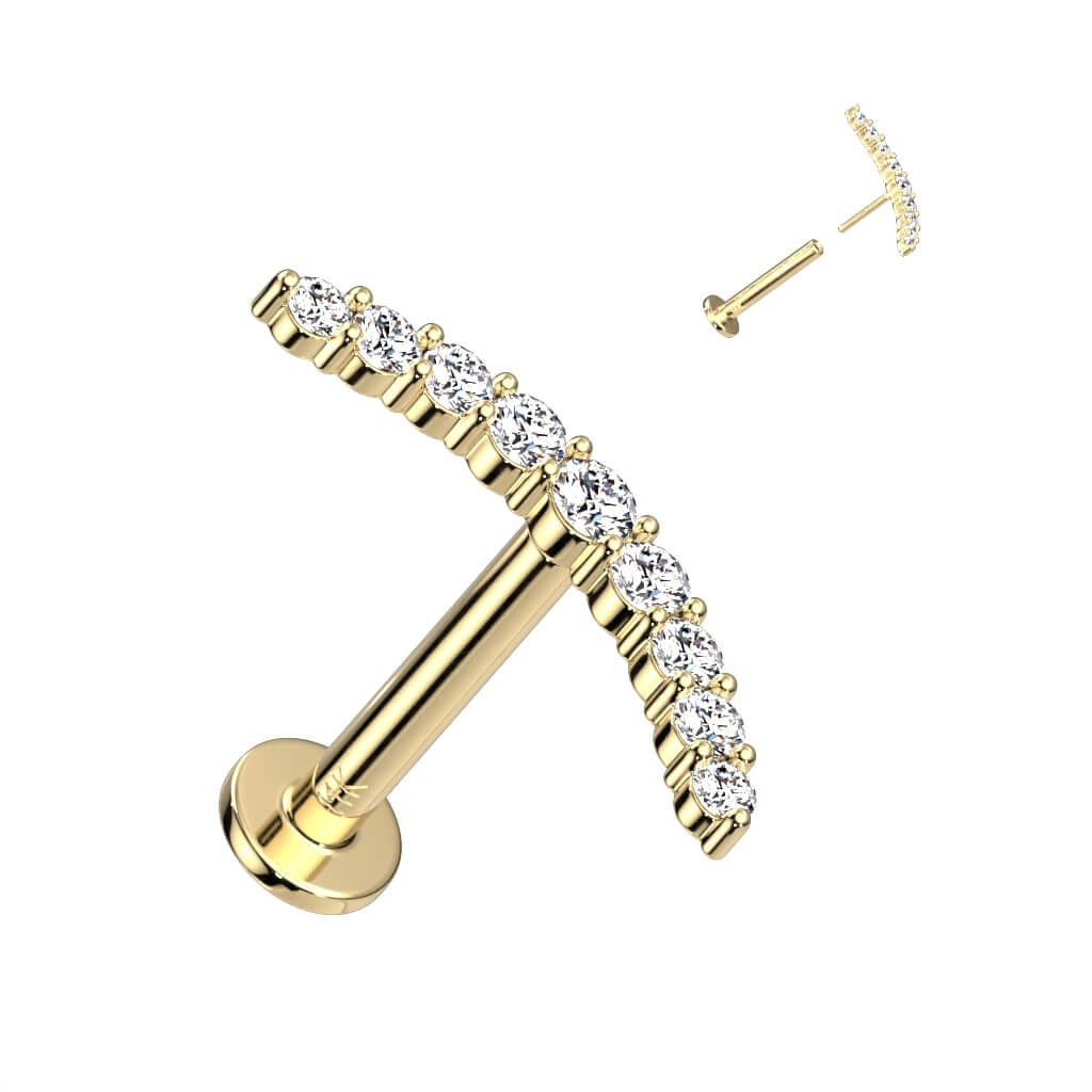 Oro 14kt Barra Curva de Circonita Push In Labret