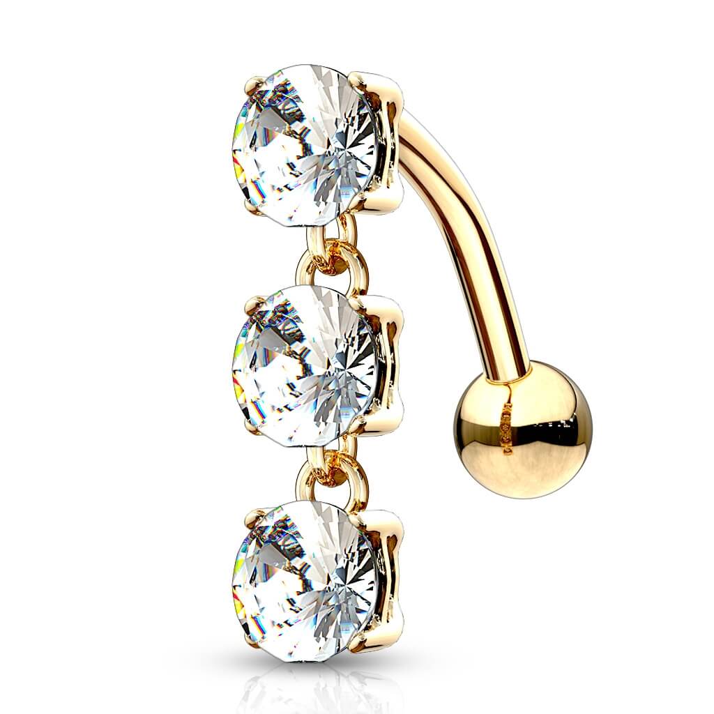 Oro 14 kt Piercing Ombelico Pendente con 3 Zirconi