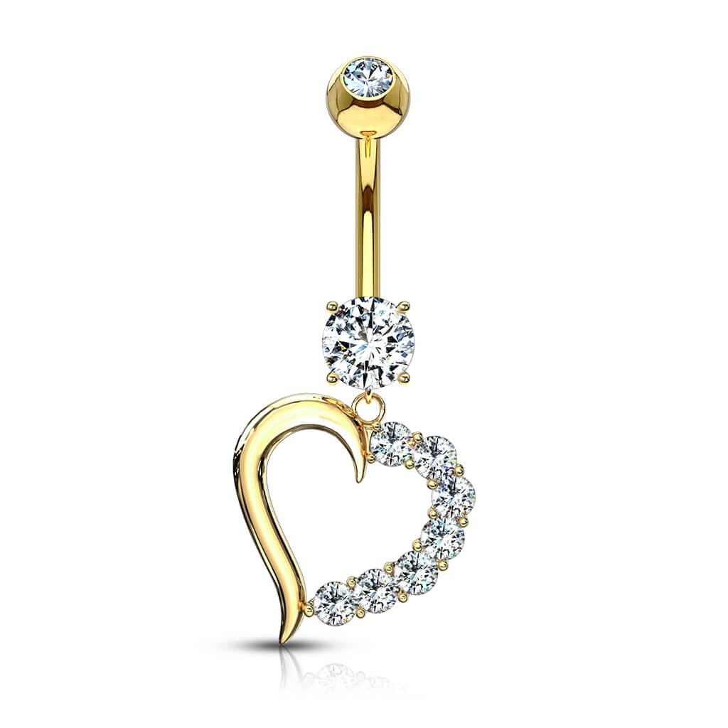Solid Gold 14 Carat Belly Button Piercing Heart Zirconia