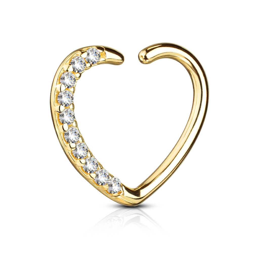 Oro 14 kt Anello Piercing Cuore di zirconi Pieghevole