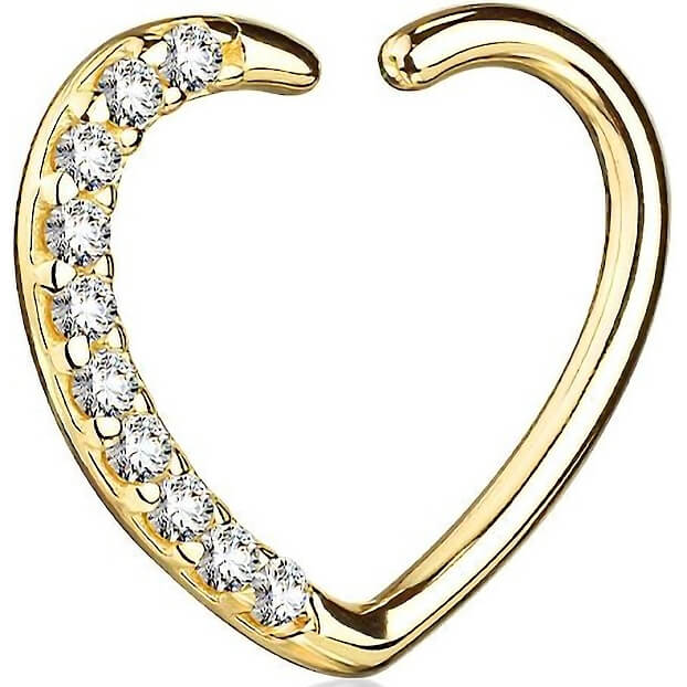 Oro 14 kt Anello Piercing Cuore di zirconi Pieghevole