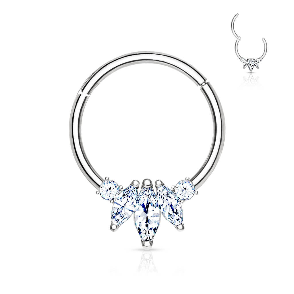 Oro 14 kt Anello Piercing 3 Zirconi taglio marquse Clicker