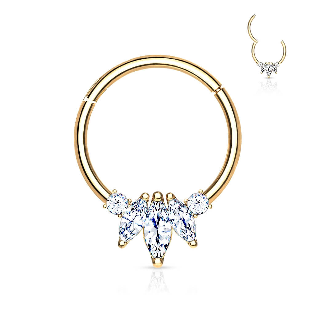 Oro 14 kt Anello Piercing 3 Zirconi taglio marquse Clicker