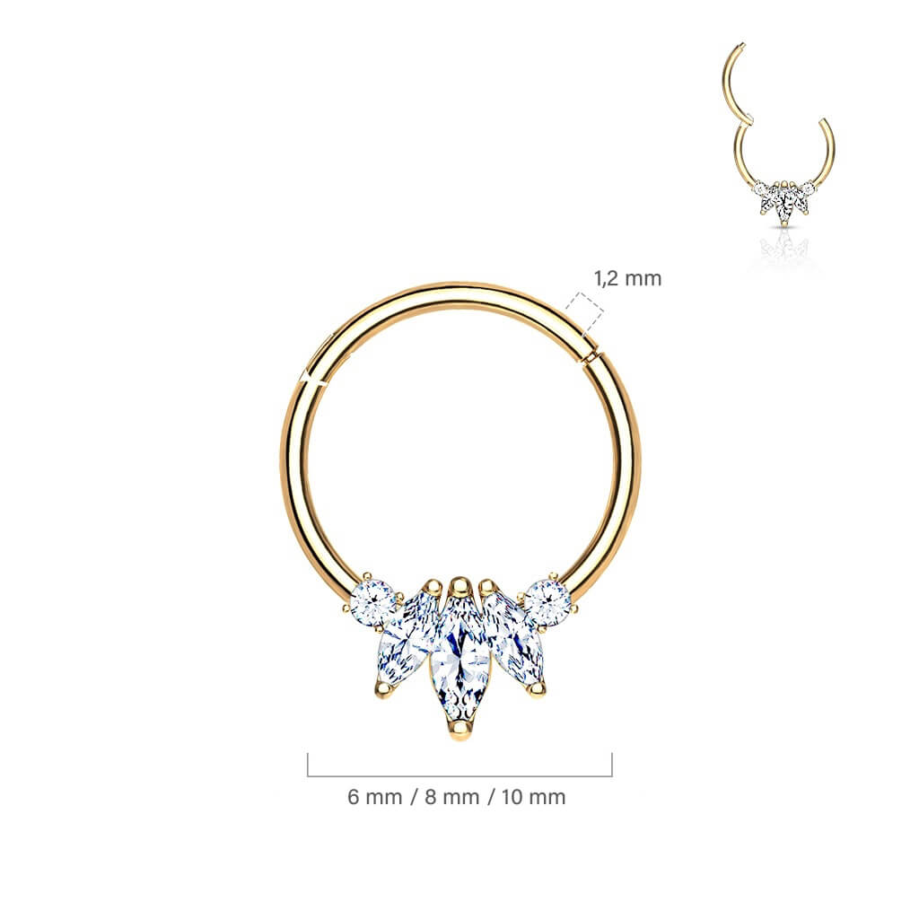 Oro 14 kt Anello Piercing 3 Zirconi taglio marquse Clicker