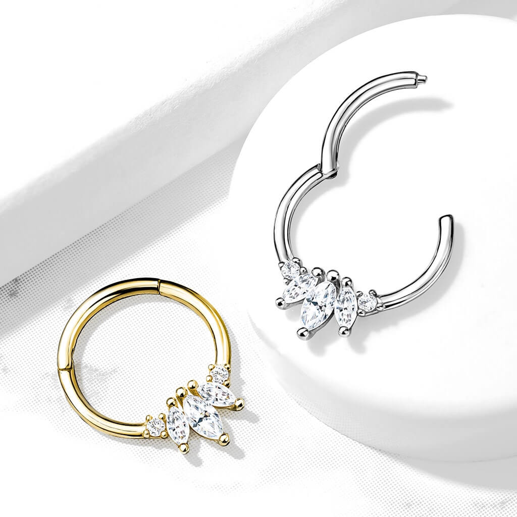 Oro 14 kt Anello Piercing 3 Zirconi taglio marquse Clicker