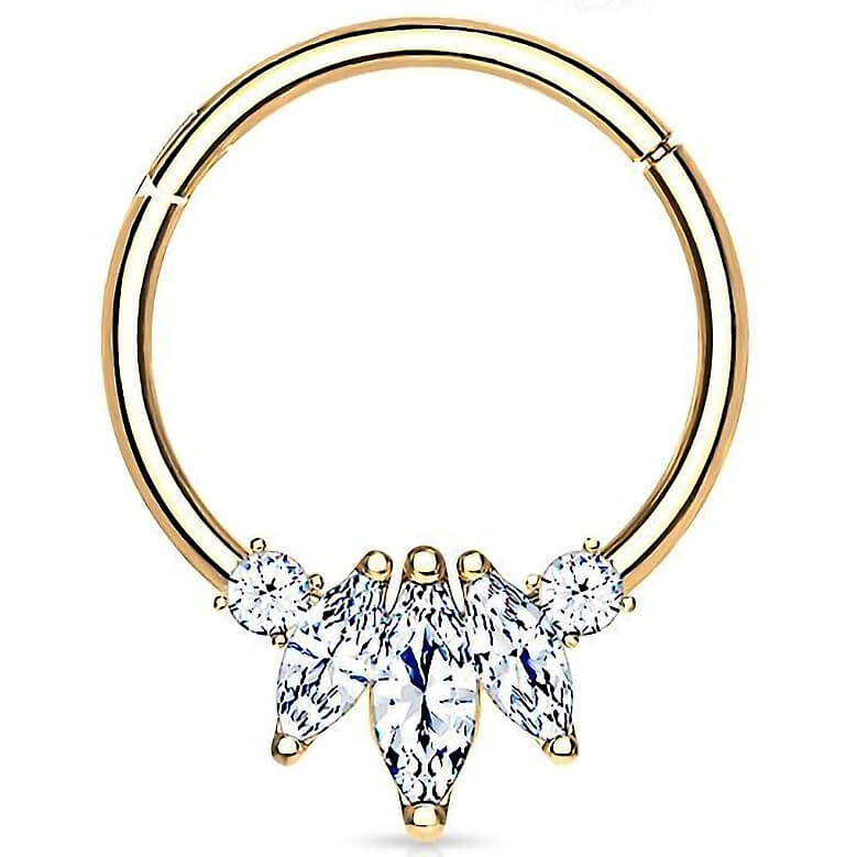 Oro 14 kt Anello Piercing 3 Zirconi taglio marquse Clicker