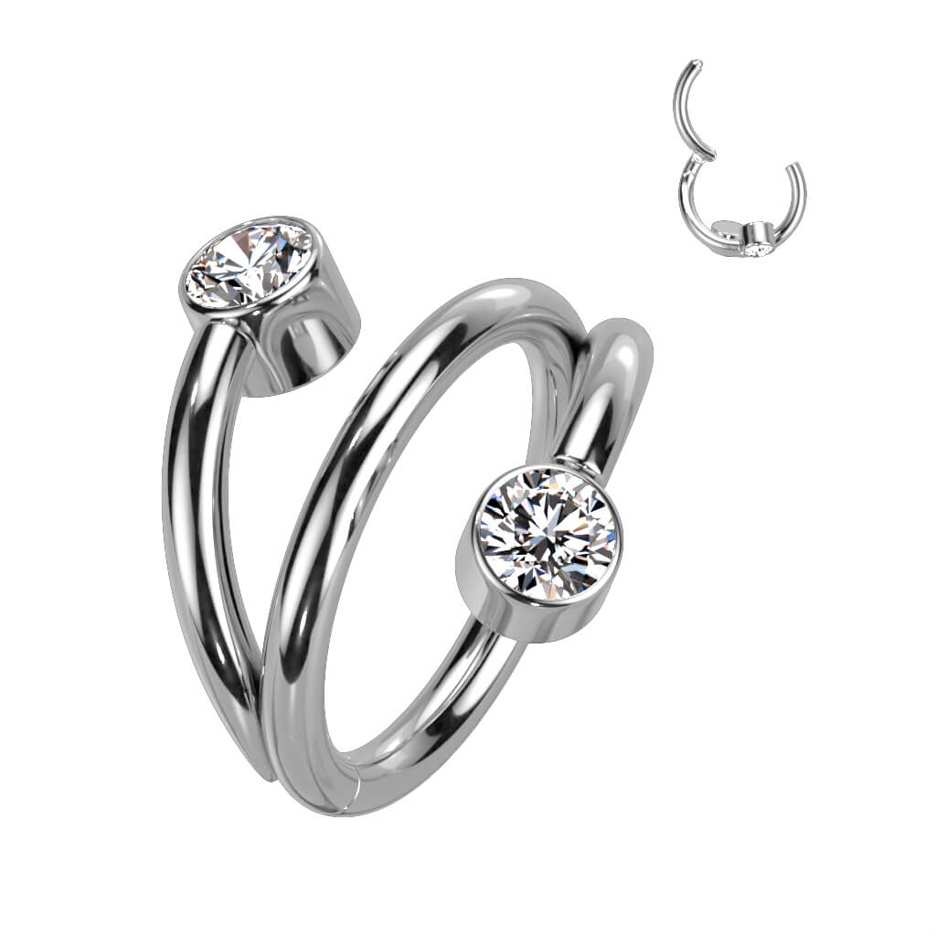 Titanio Anello Piercing Doppia linea con sfere di zircone Clicker