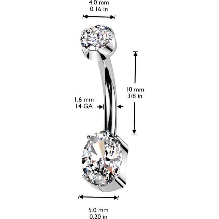 Titanium Belly Button Piercing 2 zirconia prong setting Internally Threaded