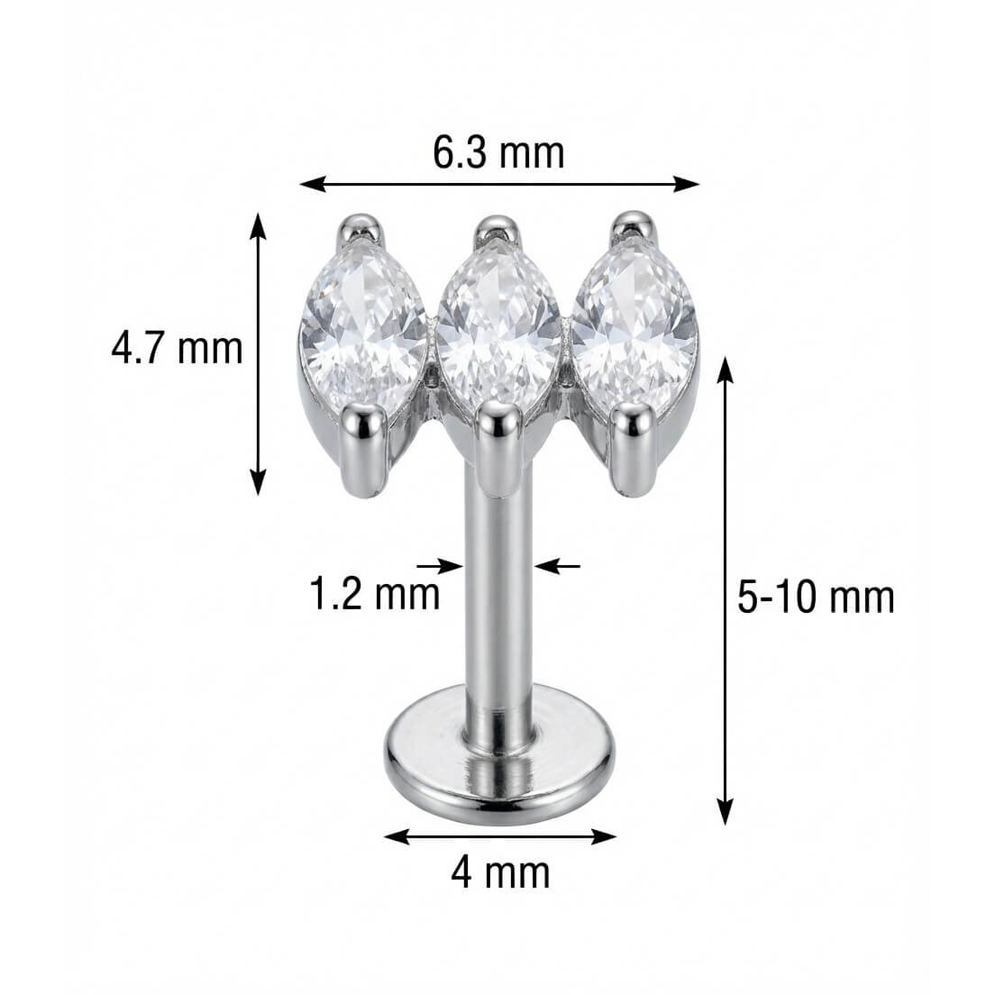 Titanium Labret Triple Marquise Crystal Cluster Internally Threaded
