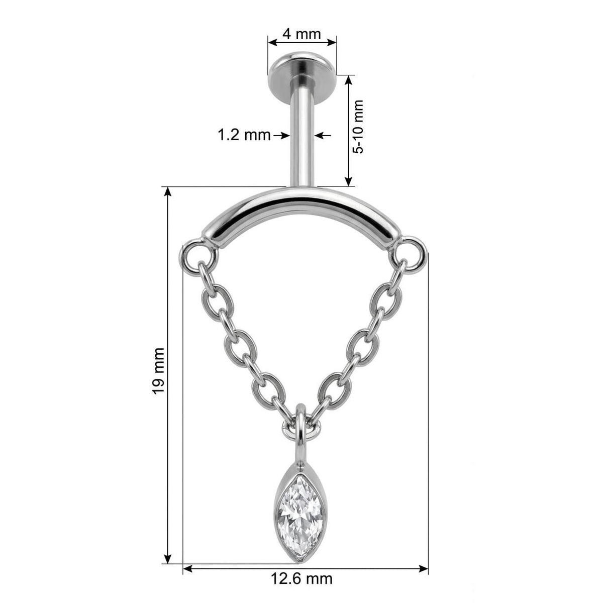 Titanium Labret Curved Bar Draped Chain Marquise Internally Threaded