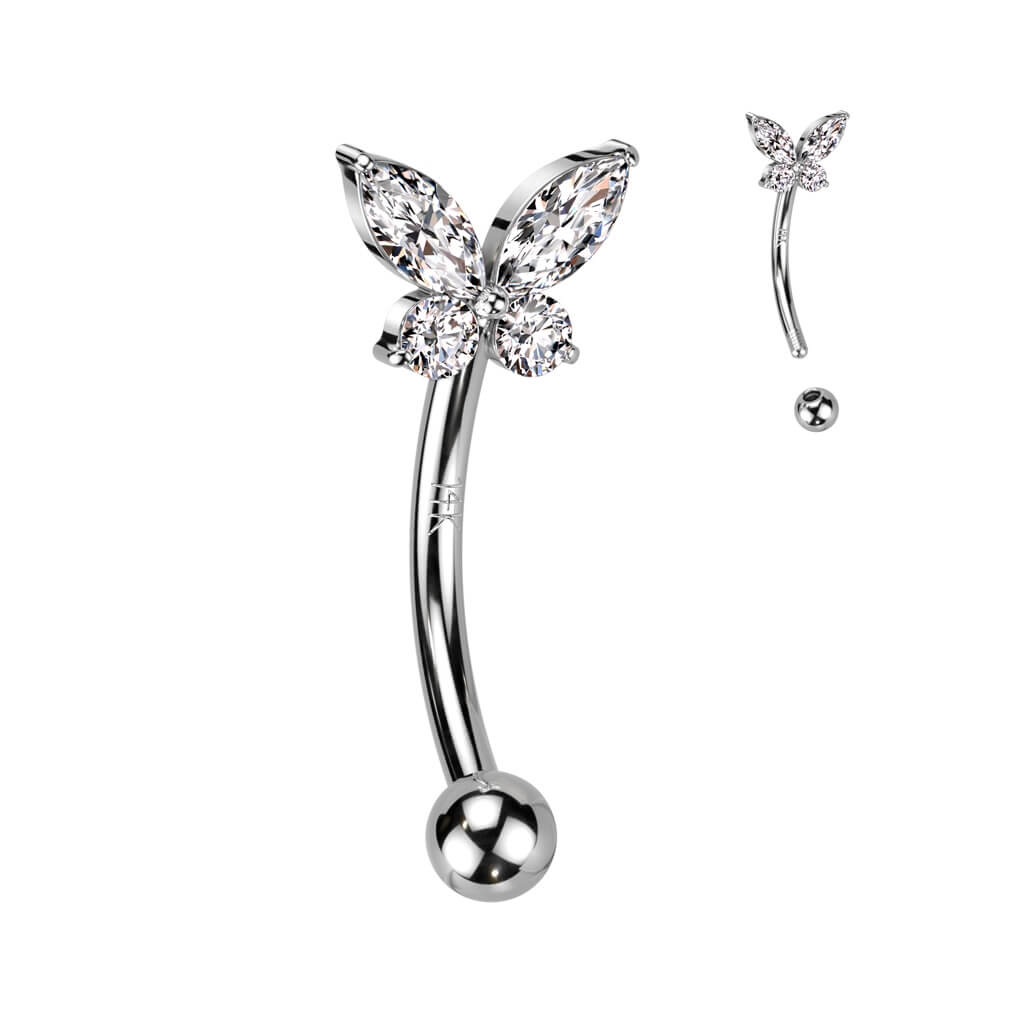 Solid Gold 14 Carat Eyebrow Piercing Butterfly Zirconia