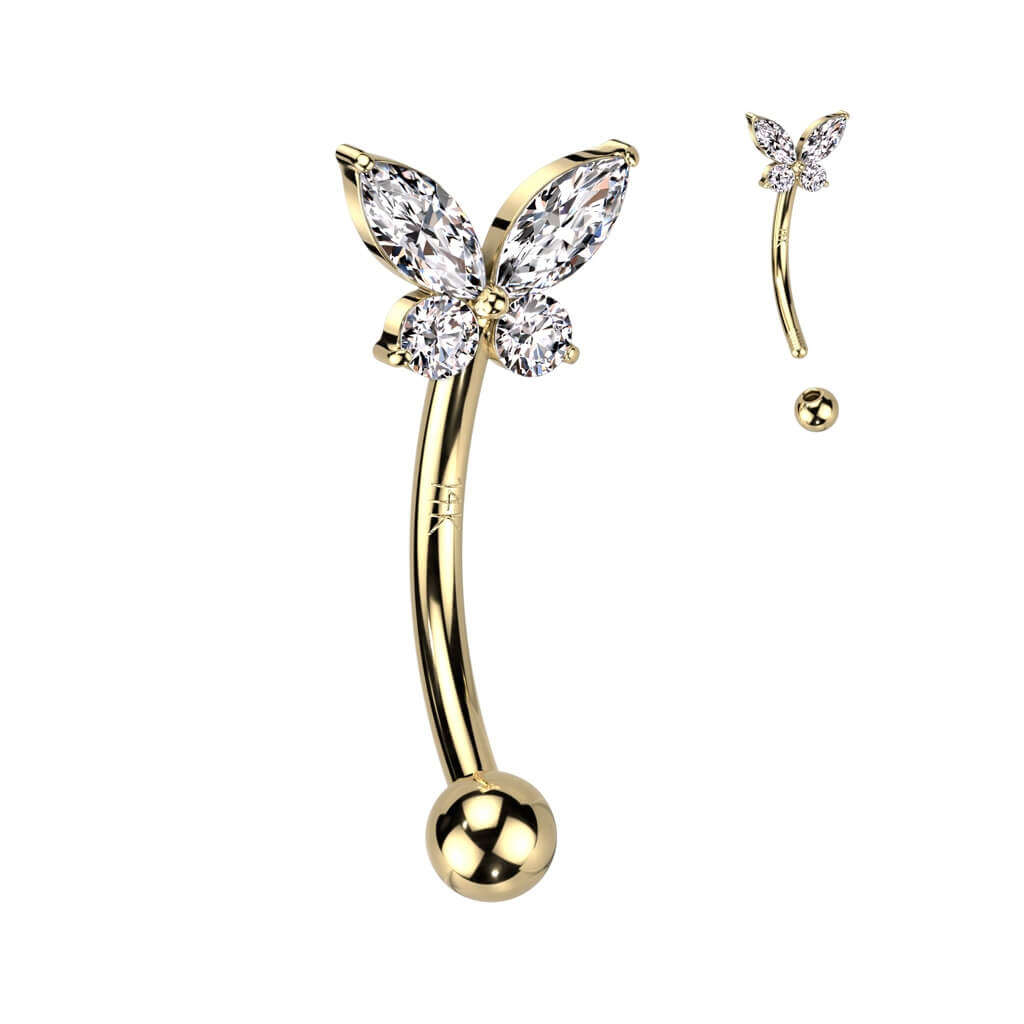 Solid Gold 14 Carat Eyebrow Piercing Butterfly Zirconia