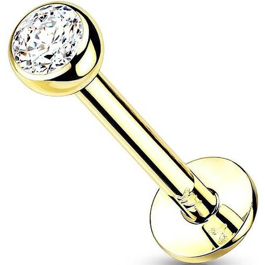 Solid Gold 14 Carat Labret Ball Flat Zirconia Push-In