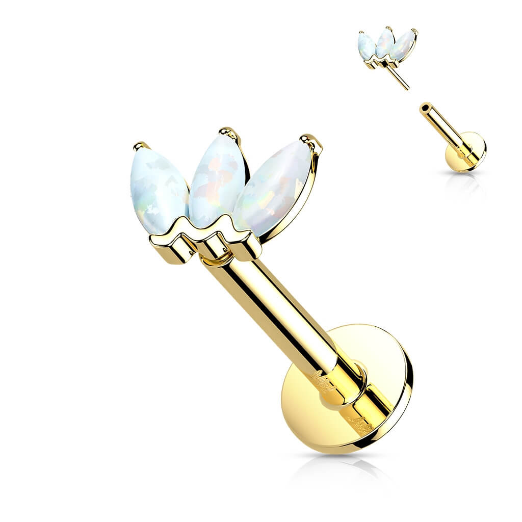 Solid Gold 14 Carat Labret Marquise 3 Opal Push-In