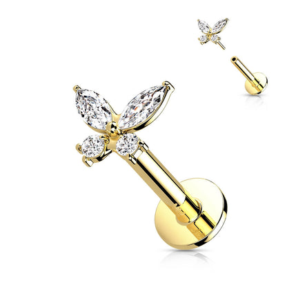 Or 14kt Labret Papillon Zircone Enfoncer