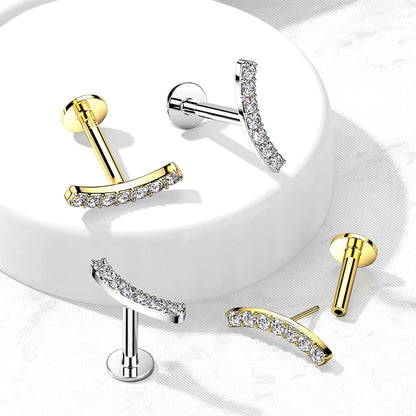 Or 14kt Labret Barre Courbée Zircone Enfoncer