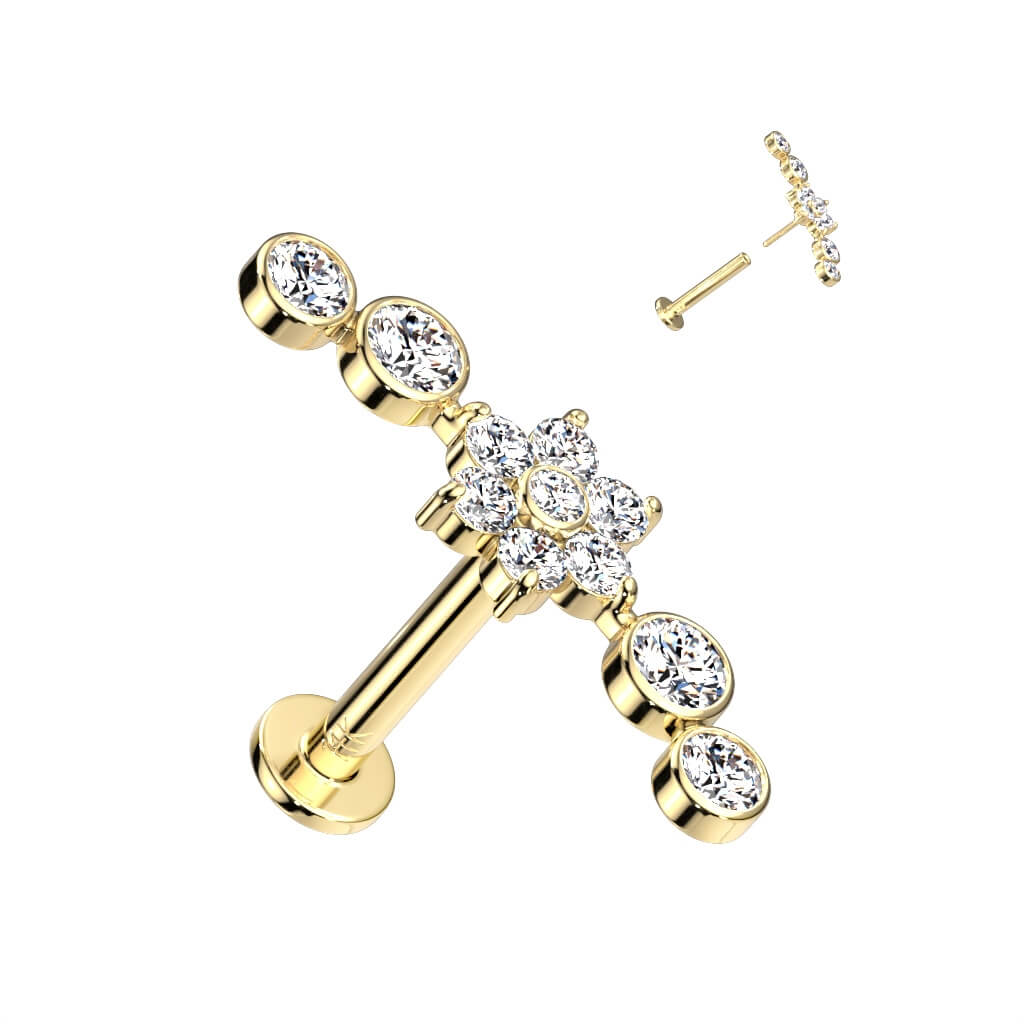 14 Karat Gold Labret Blume Zirkonia Gelbgold Weißgold Push-In