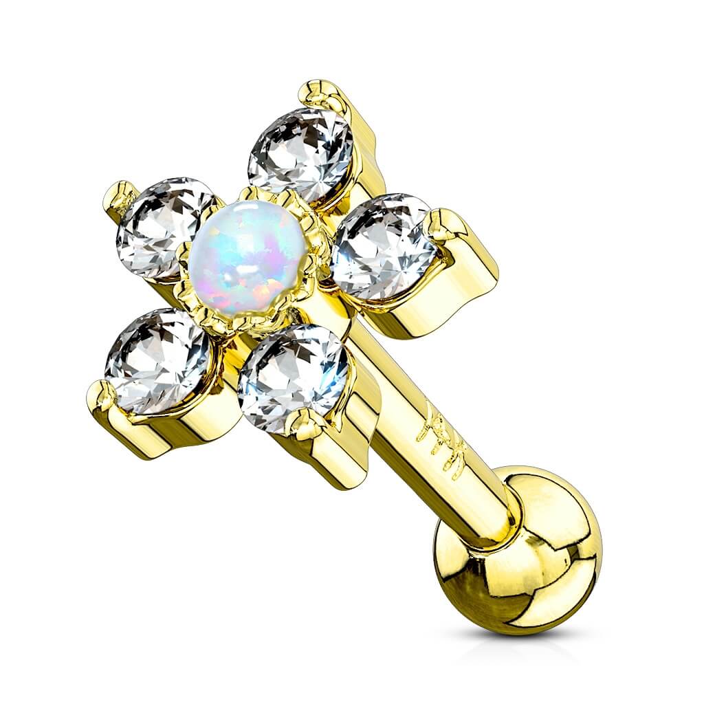 14 Karat Gold Barbell Blume Opal Gelbgold Weißgold