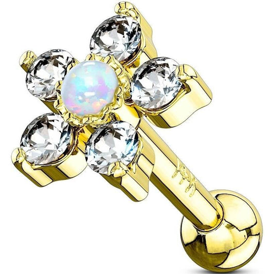 14 Karat Gold Barbell Blume Opal Gelbgold Weißgold