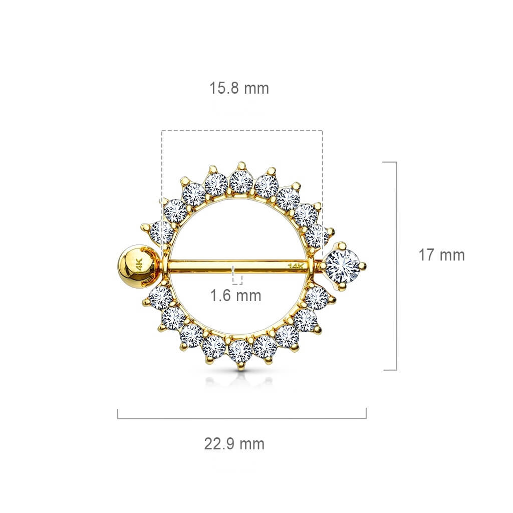 Solid Gold 14 Carat Nipple Piercing Sun Zirconia