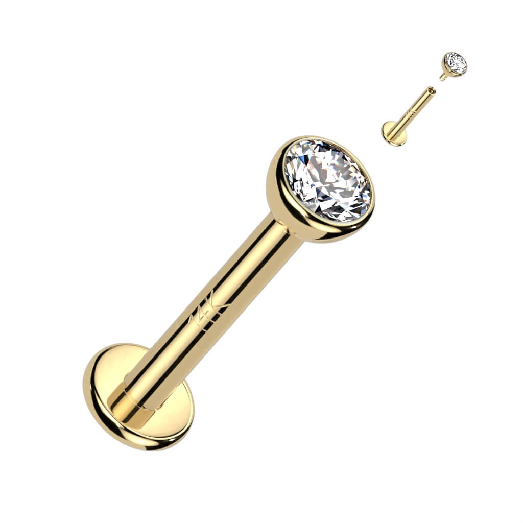 Oro 14kt Circonita plana redonda Rosca interna Labret