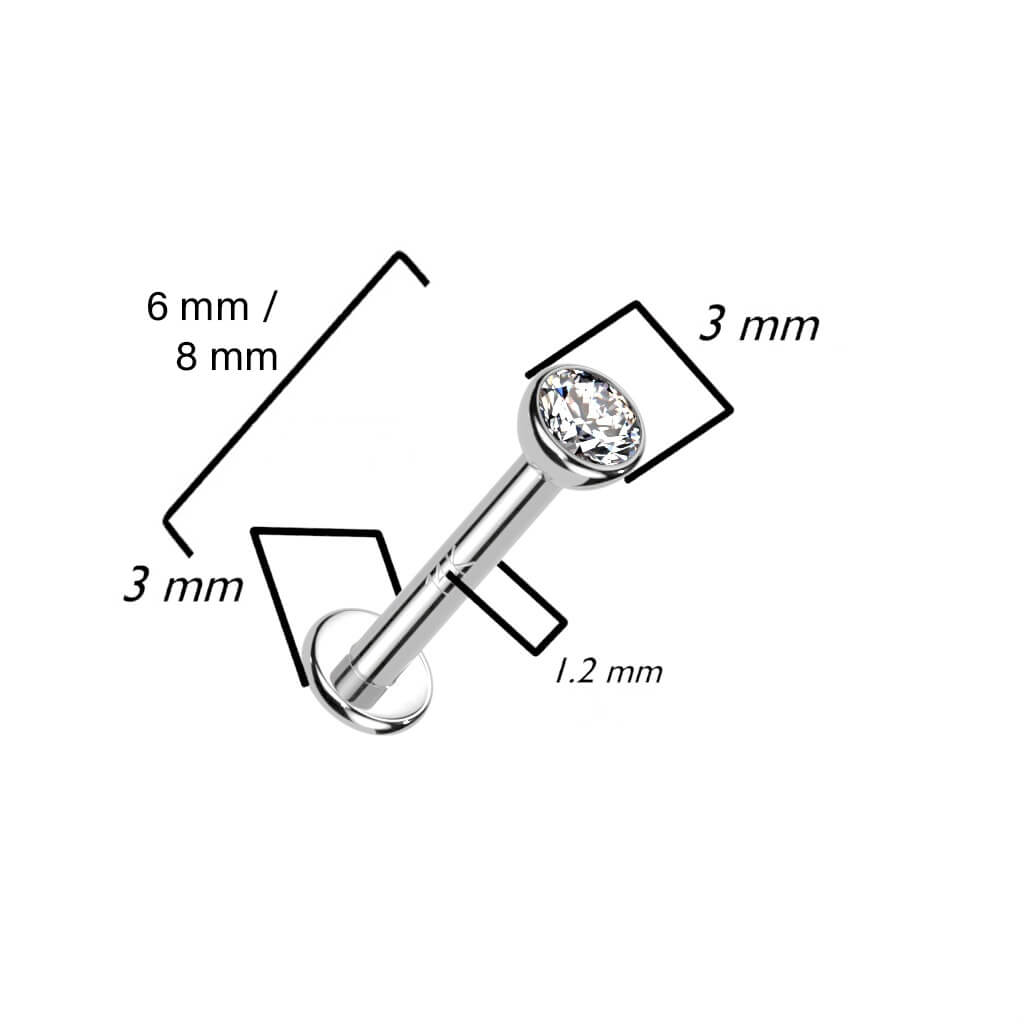 Solid Gold 14 Carat Labret Round Flat Zirconia Internally Threaded