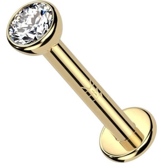 Oro 14 kt Labret Tondo piatto con zircone Filettatura Interna