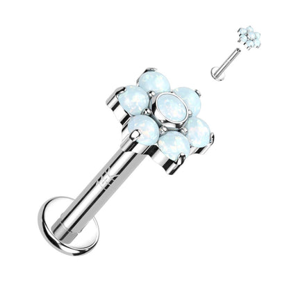 Złoto 585 labret kwiatek cyrkonia opal gwint wewnętrzny