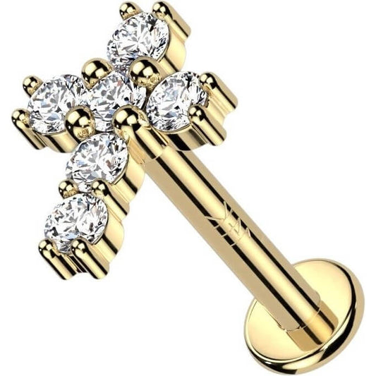 Oro 14kt Cruz de Circonita Rosca interna Labret