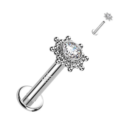 Or 14kt Labret Fleur Zircone Opale Filetage Interne