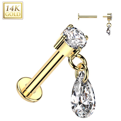 Oro 14kt Colgante lágrima circonita Rosca interna Labret