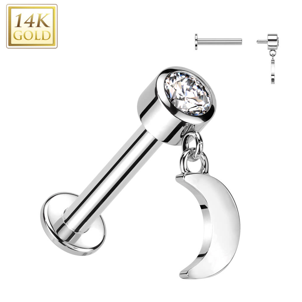 Oro 14 kt Labret Zircone con Luna Pendente Filettatura Interna