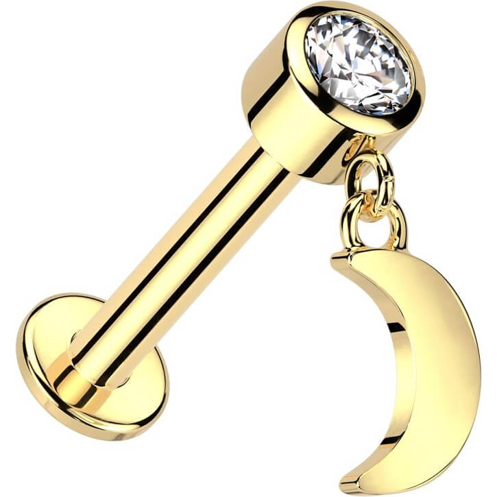 Oro 14kt Circonita con Luna Colgante Rosca interna Labret