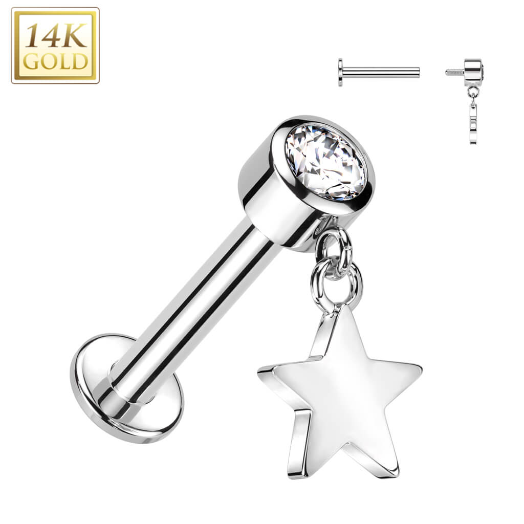 Oro 14 kt Labret Zircone con Stella Pendente Filettatura Interna