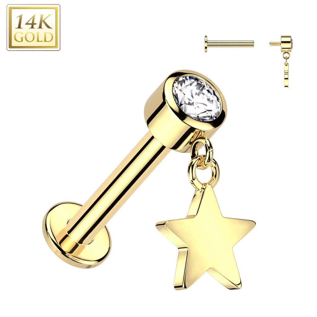 Oro 14 kt Labret Zircone con Stella Pendente Filettatura Interna