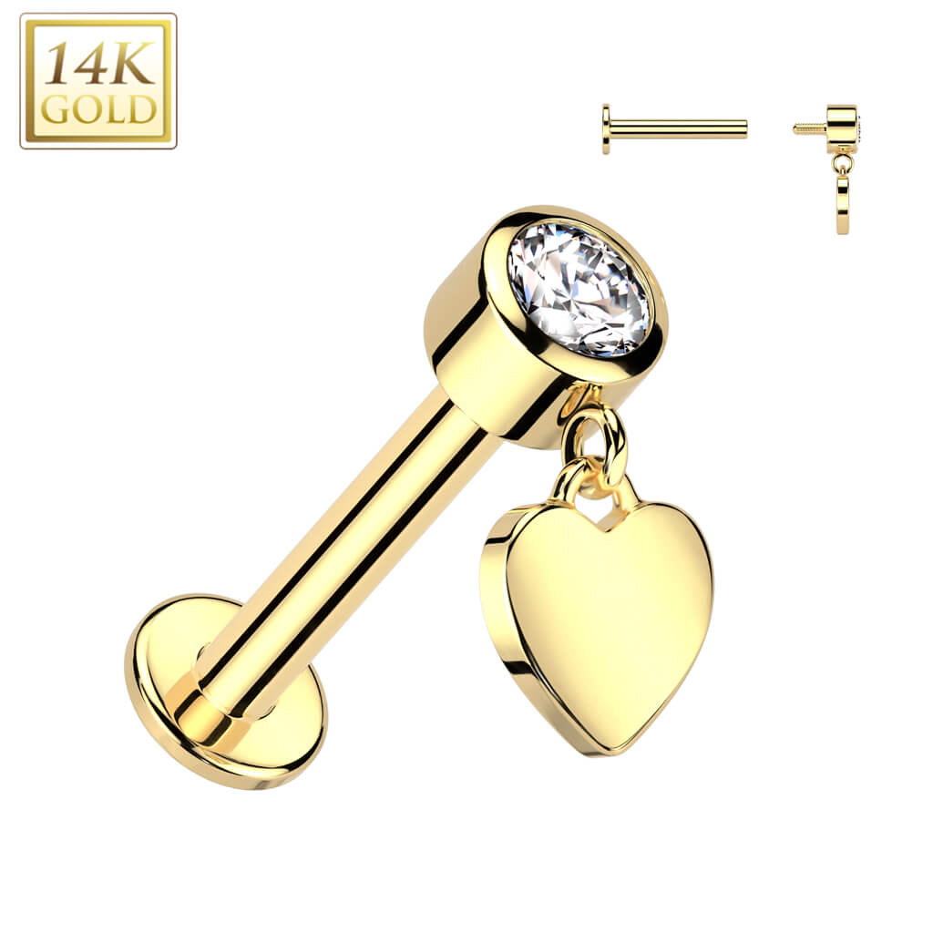 Oro 14kt Circonita con Corazón Colgante Rosca interna Labret