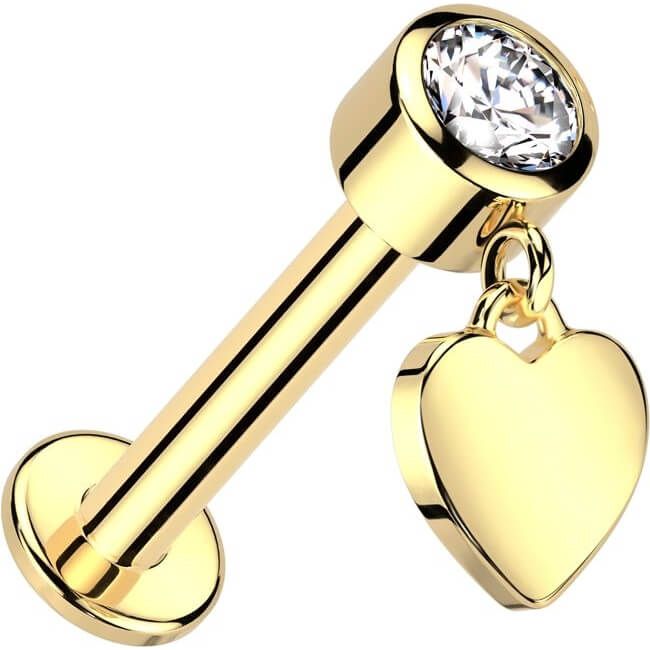 Oro 14kt Circonita con Corazón Colgante Rosca interna Labret