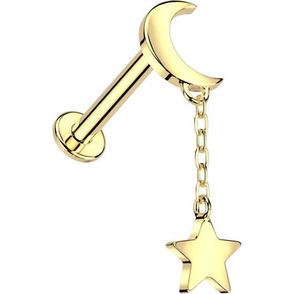 Oro 14kt Luna con Estrella Colgante Rosca interna Labret