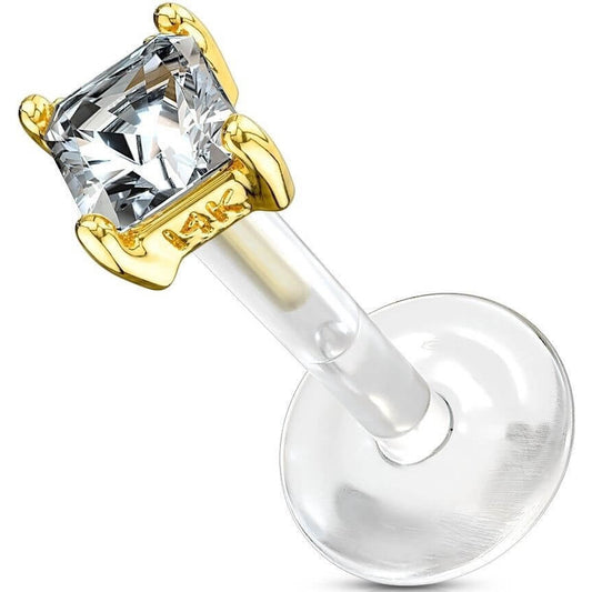 Oro 14 kt Labret Zircone quadrato  Push-In