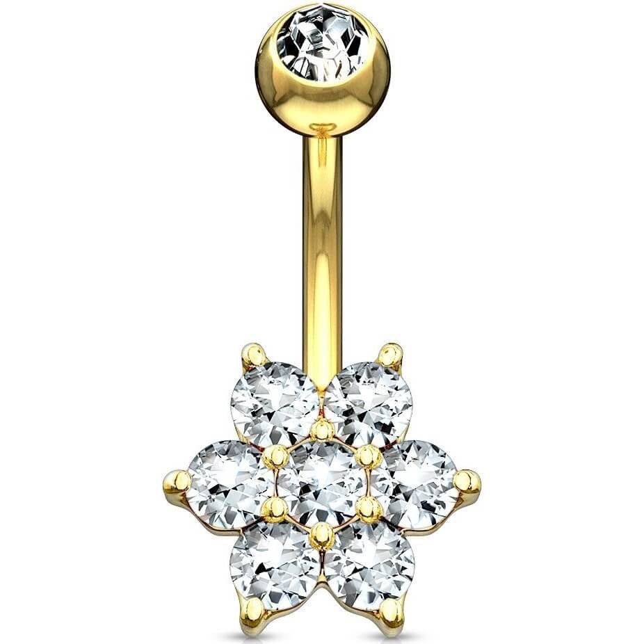 Solid Gold 14 Carat Belly Button Piercing Flower Zirconia