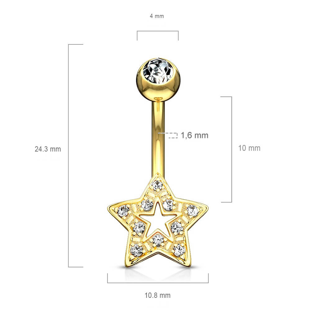 Solid Gold 14 Carat Belly Button Piercing Star Zirconia