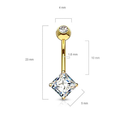 Solid Gold 14 Carat Belly Button Piercing Square Zirconia