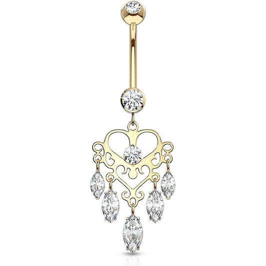 Oro 14kt Piercing ombligo Corona con Candelabro colgante