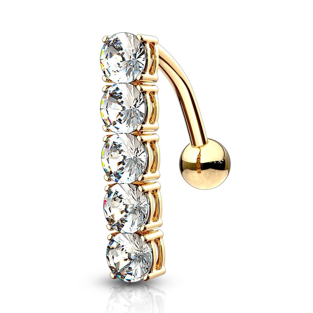 Oro 14 kt Piercing Ombelico Barra Topdown con Zirconi