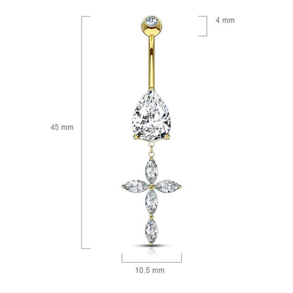 Or 14kt Piercing Nombril Pendentif Croix Zircone