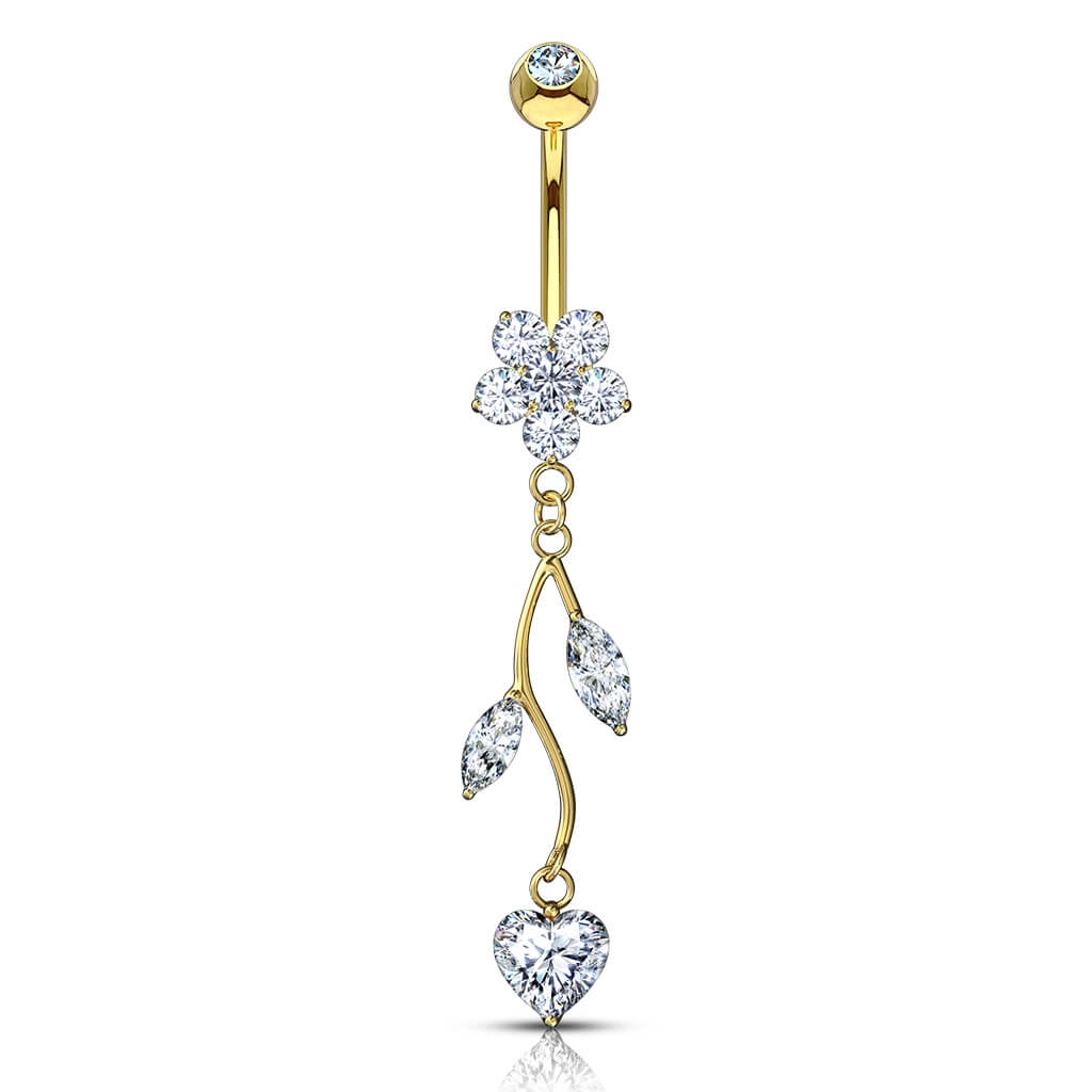 Solid Gold 14 Carat Belly Button Piercing Flower dangle Zirconia