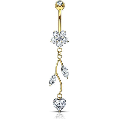 Solid Gold 14 Carat Belly Button Piercing Flower dangle Zirconia