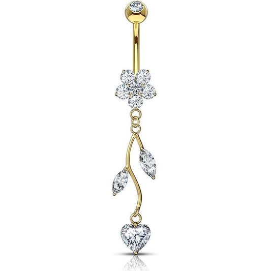 Oro 14 kt Piercing Ombelico Pendente a fiori in zirconi