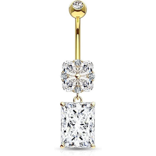 Or 14kt Piercing Nombril Pendentif Carré Zircone