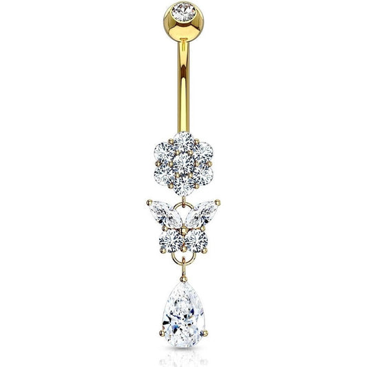 Solid Gold 14 Carat Belly Button Piercing Butterfly dangle Zirconia